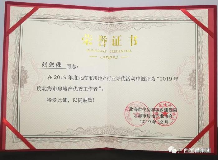 宝昌集团常务副总裁,合浦项目公司董事长刘洪源获评"2019年度北海市房